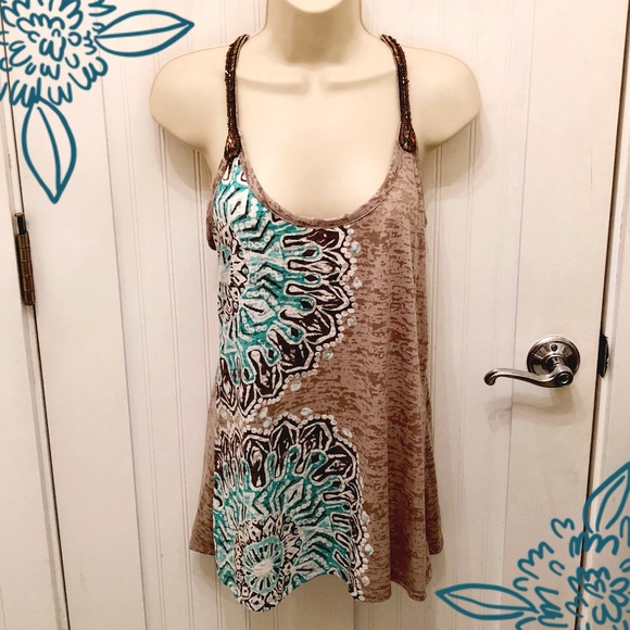 INC International Concepts Tops - INC Beach Brown and Teal Beaded Tank Top